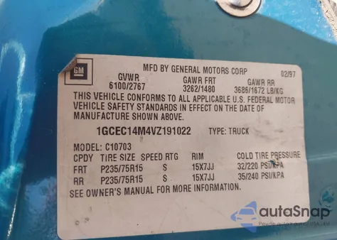 1997 Chevrolet C1500 Sportside z USA, uszkodzony, nr VIN 1GCEC14M4VZ191022